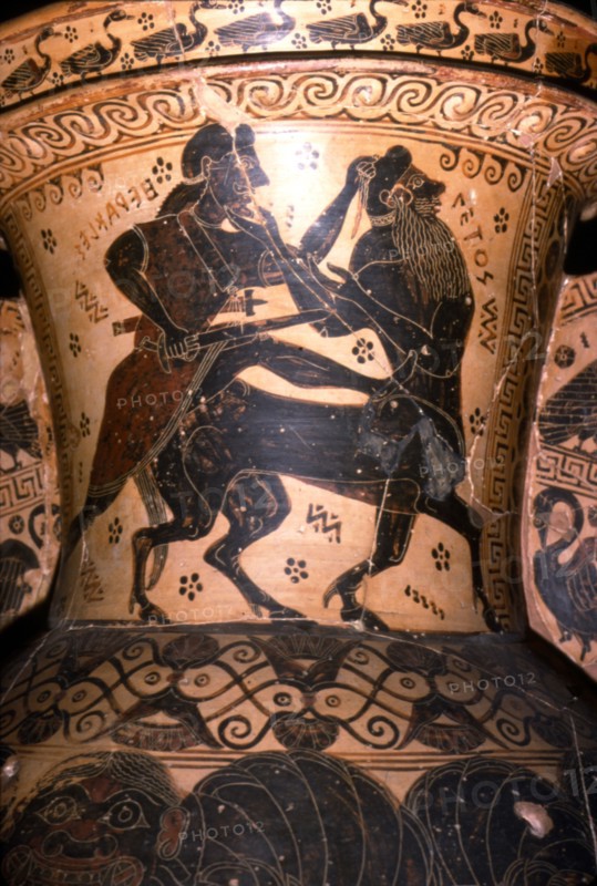 Hercules and the Centaur Setos, Detail of Greek Pot, Corinthian, c7th century BC. Artist: Nessos Painter.