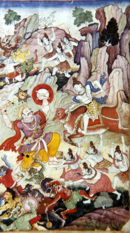 Siva Destroys the Demon and Haka, Harivamsa manuscript, Mughal School, c1590. Artist: Unknown.