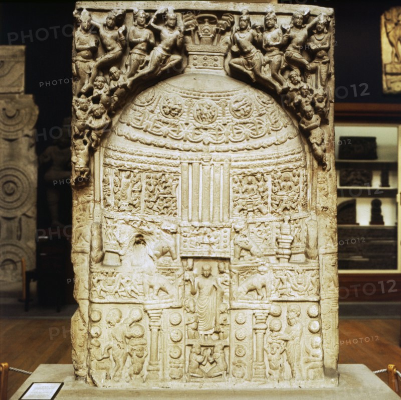 Buddhist Stupa with figures of Buddha adored by flying deities, 2nd century. Artist: Unknown.