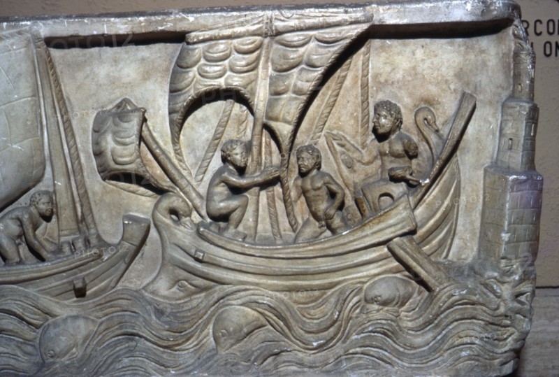 Roman relief, Merchant Ship with Lighthouse on right. Artist: Unknown.