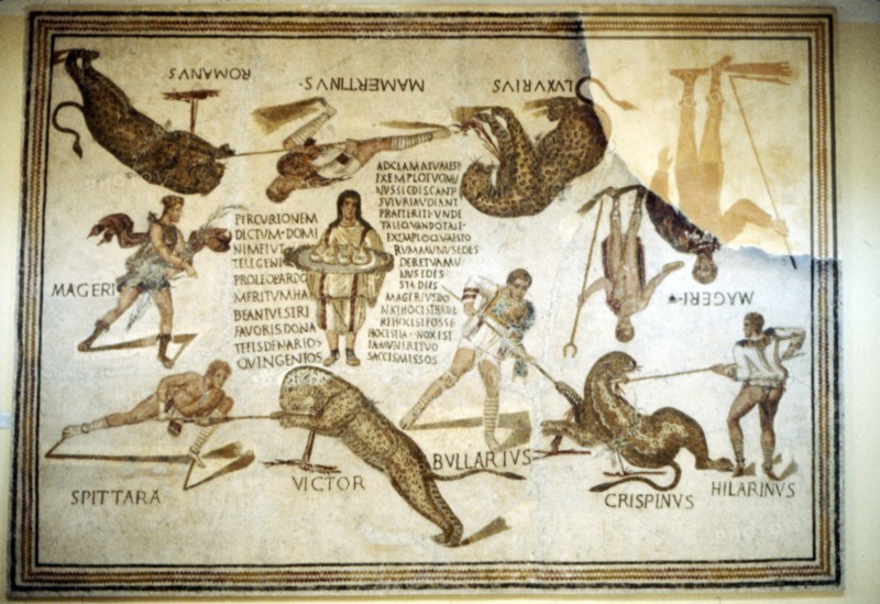 Telegenic Troupe kill leopards at 'Spectacle', Roman floor mosaic from Moknine, 3rd century. Artist: Unknown.