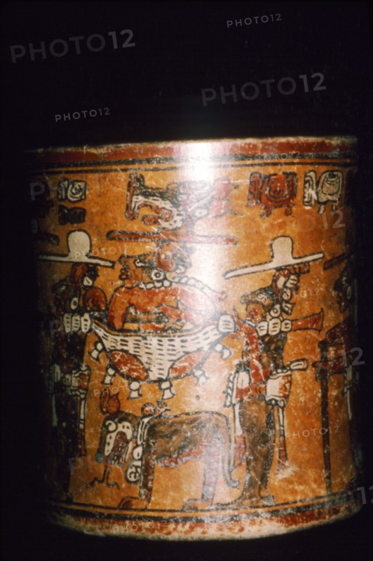 Maya painted jar: man in jaguar-skin litter from Guatemala. Artist: Unknown.