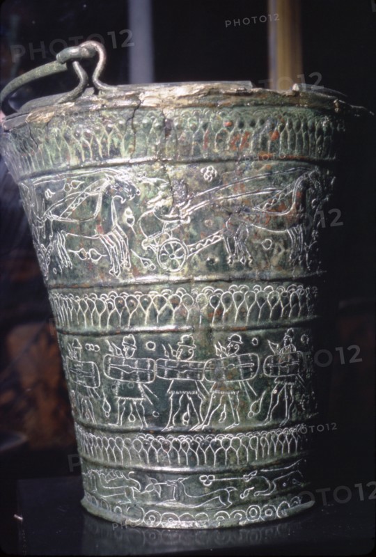 Bronze Situla with incised decoration showing warriors, Etruscan, Bologna, c6th century BC. Artist: Unknown.