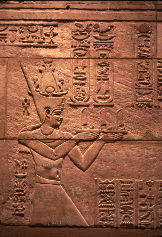 Egyptian relief of Emperor Augustus (Roman) as Pharaoh, offering to Isis, c1st century. Artist: Unknown.