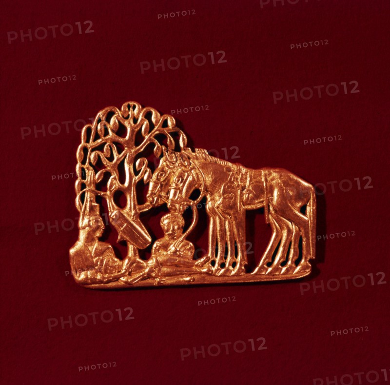 Sarmatian Gold Plaque, from Siberia, Scythian tree of life, and resurrected warrior,  5th century BC Artist: Unknown.
