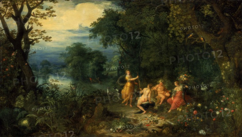 A landscape with wood; Diana offers a hare to a nymph; Silenus and Ceres in foreground, c1614. Artist: Abraham Govaerts