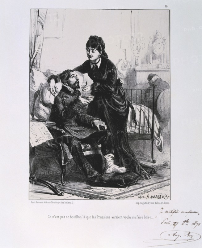 A woman feeding a wounded soldier soup, Siege of Paris, Franco-Prussian War, 1870 (1871). Artist: Auguste Bry