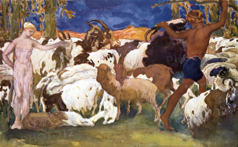 Set design for a Ballets Russes production of Ravel's Daphnis et Chloe, 1912. Artist: Leon Bakst
