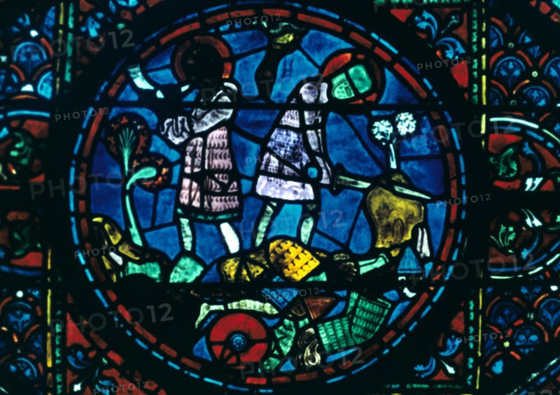 Roland breaks his sword and sounds his horn, stained glass, Chartres Cathedral, France, 1194-1260. Artist: Unknown