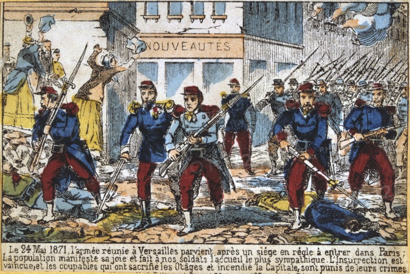 Government soldiers advancing into Paris to suppress the Commune, 24th May 1871. Artist: Anon
