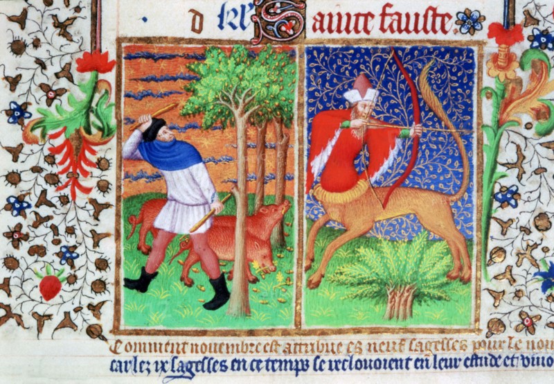 November: feeding pigs, and Sagittarius, c1423. Artist: Unknown