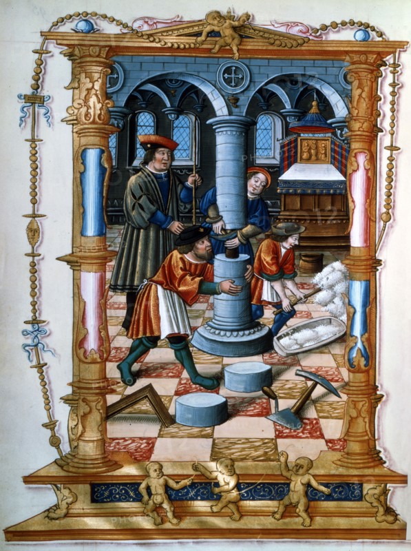 Masons building a pillar in a church, c1525. Artist: Unknown