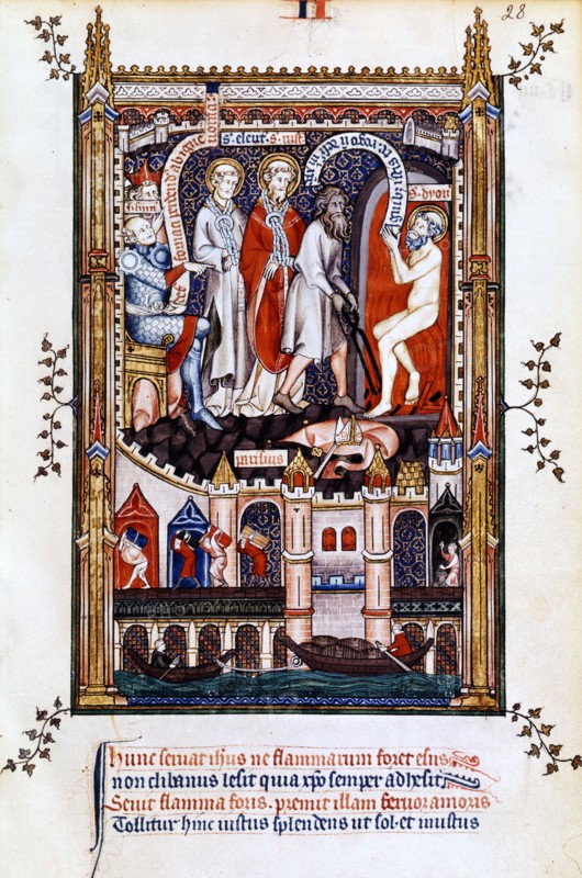 St Denis is thrown into the furnace, 1317. Artist: Unknown
