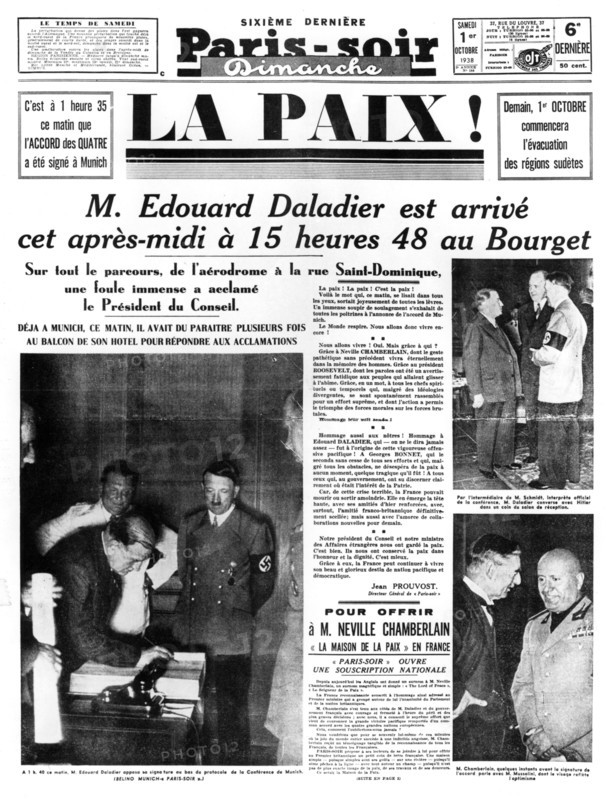 Peace!, front page of Paris-soir newspaper, 1 October 1938. Artist: Unknown