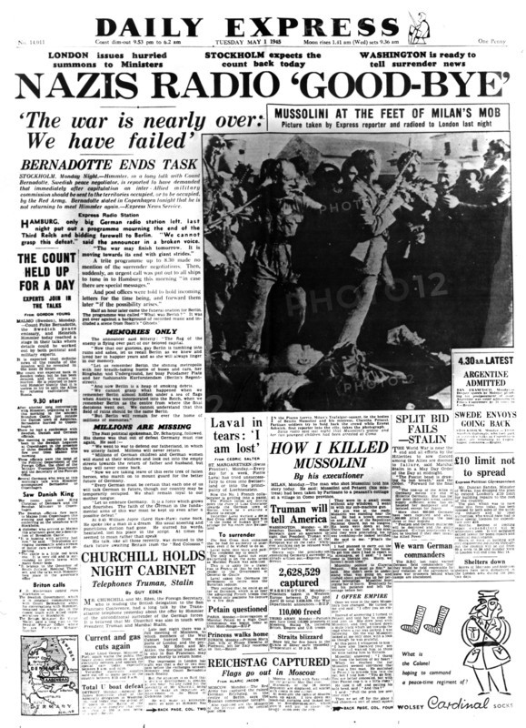 Nazis Radio 'Good-bye', front page of the Daily Express, 1 May 1945. Artist: Unknown