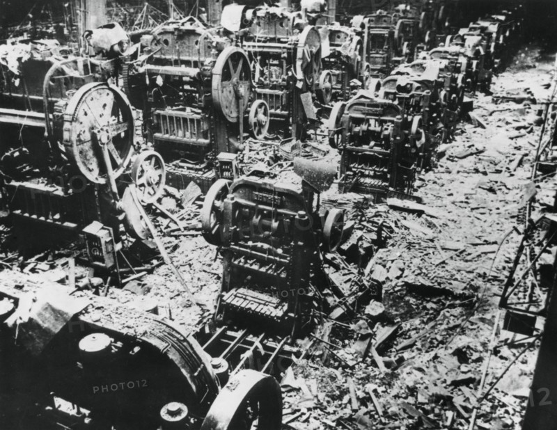 Bomb damage at a Renault factory, Sevres, Paris, 4 April 1943. Artist: Unknown