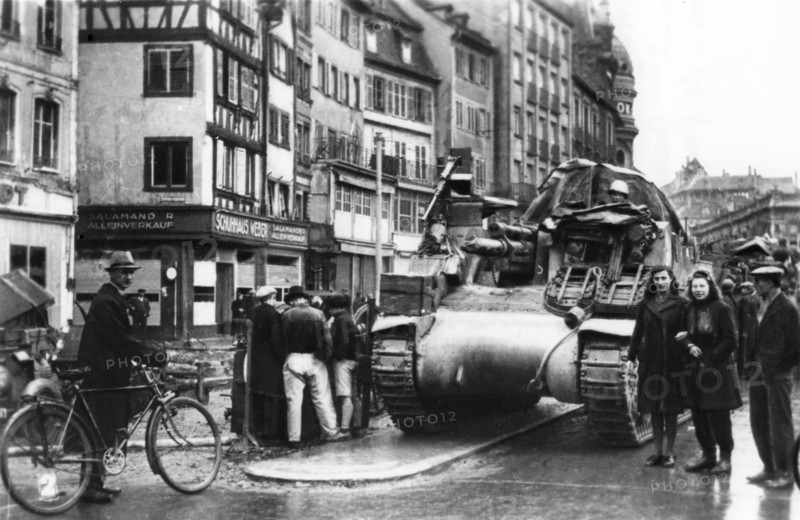 The first Allied tanks arrive in Strasbourg, Alsace, November 1944. Artist: Unknown