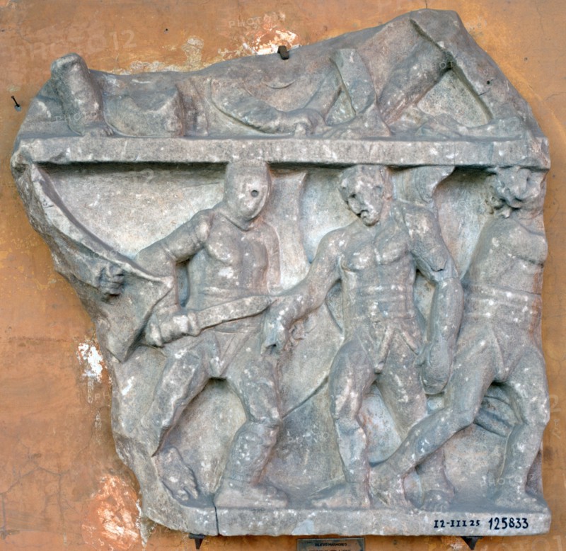 A bas-relief of a fight between Secutor and Retiarius, 3rd century, Rome. Artist: Unknown