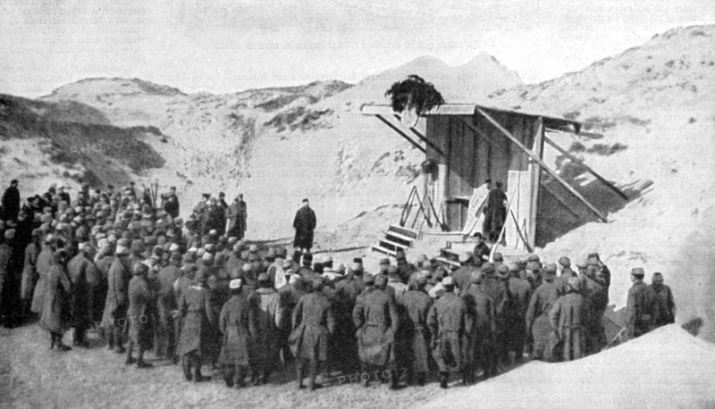 Easter mass in the dunes on the beaches of Belgium by the North Sea, World War I, 1915. Artist: Unknown