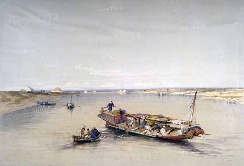 'The Nile looking towards the Pyramids of Dahshur and Saqqarah', 19th century. Artist: David Roberts
