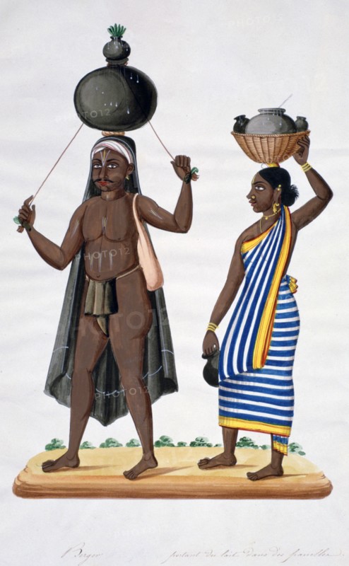 Shepherd and his wife carrying milk, India, 1834. Artist: Unknown