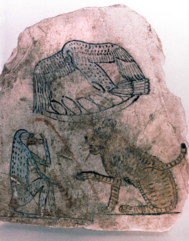 Ostracon Fragment, Cheetah, Bird and Monkey, Egypt Artist: Unknown