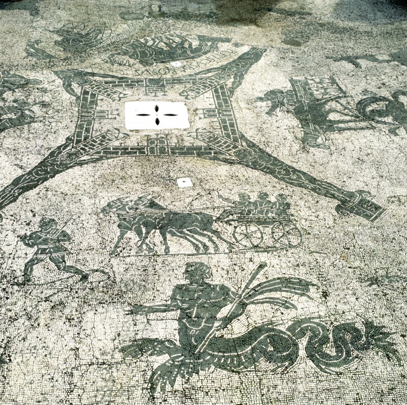 Mosaic, Carts pulled by mules with travellers, Cisarii. c1st Century Artist: Unknown