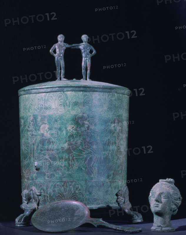 Womans bronze perfume oil cista, Hellenistic period, 3rd century BC. Artist: Unknown