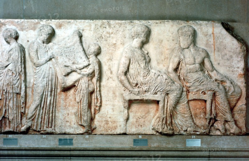 The sacred robe of Athena held up by cult officials, and Athena and Hephaistos, 438 BC. Artist: Unknown