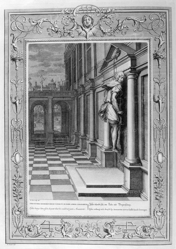 Iphis hangs himself in despair that he could not gain Anaxarete, 1733. Artist: Bernard Picart