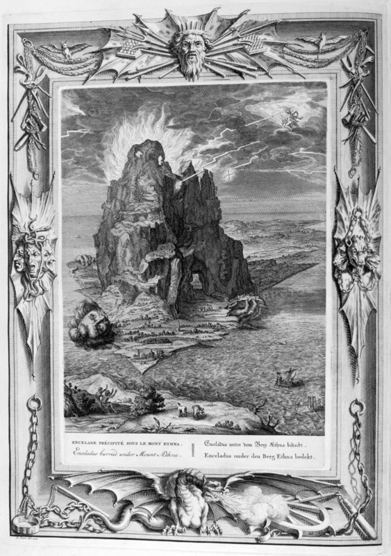 Enceladus buried underneath Mount Etna, 1733. Artist: Bernard Picart