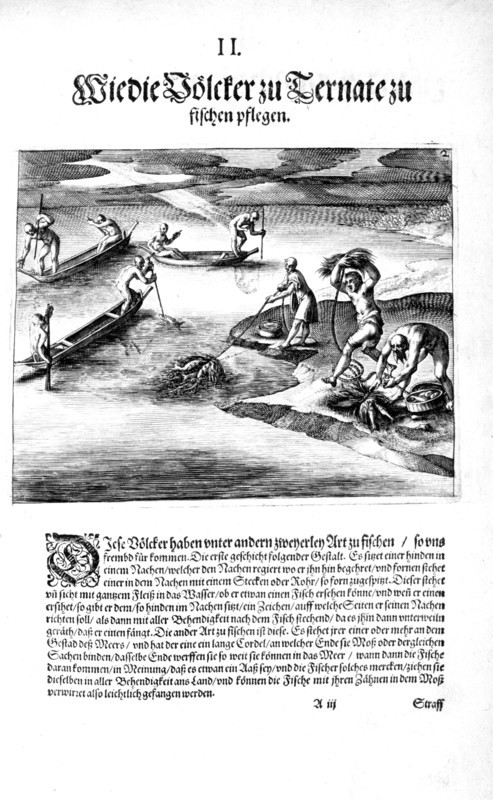 Fishing with Indians, 1606. Creator: Theodor de Bry.