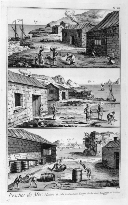 Salting, washing, packing sardines, 1751-1777. Artist: Unknown