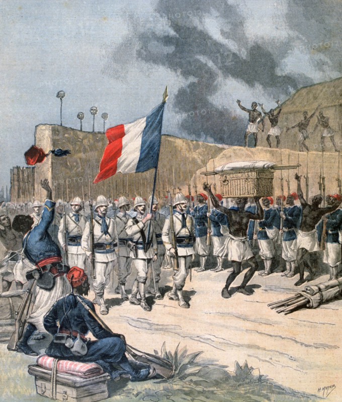Entry of the French army into Abomey, Dahomey, Africa, 1892. Artist: Henri Meyer