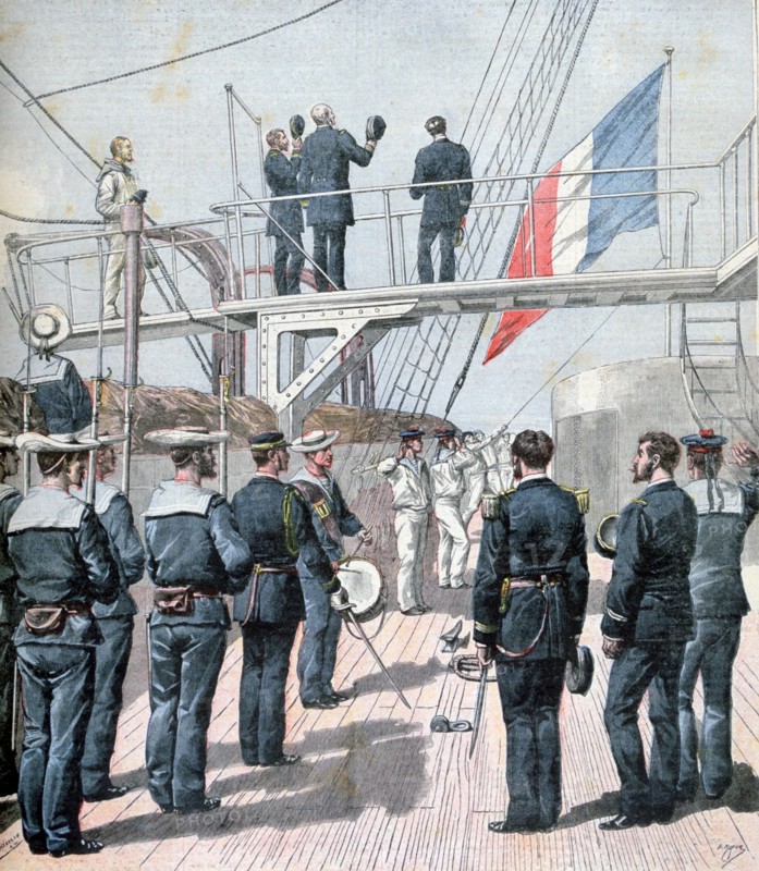 Salute to the flag, French naval manoeuvres, 1891. Creator: Henri Meyer.