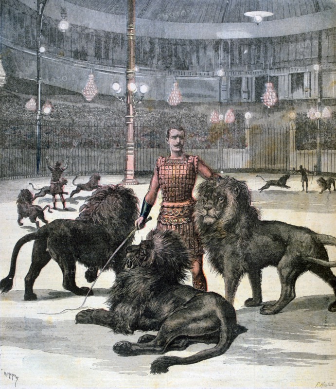 Lion taming at the L'hippodrome, Paris, 1891. Creator: Henri Meyer.