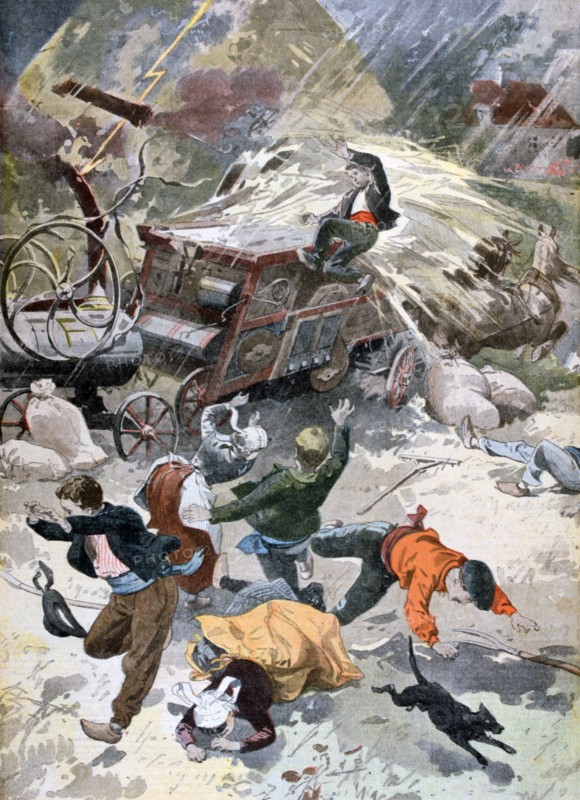 A farming machine struck by lightning, 1902. Artist: Unknown