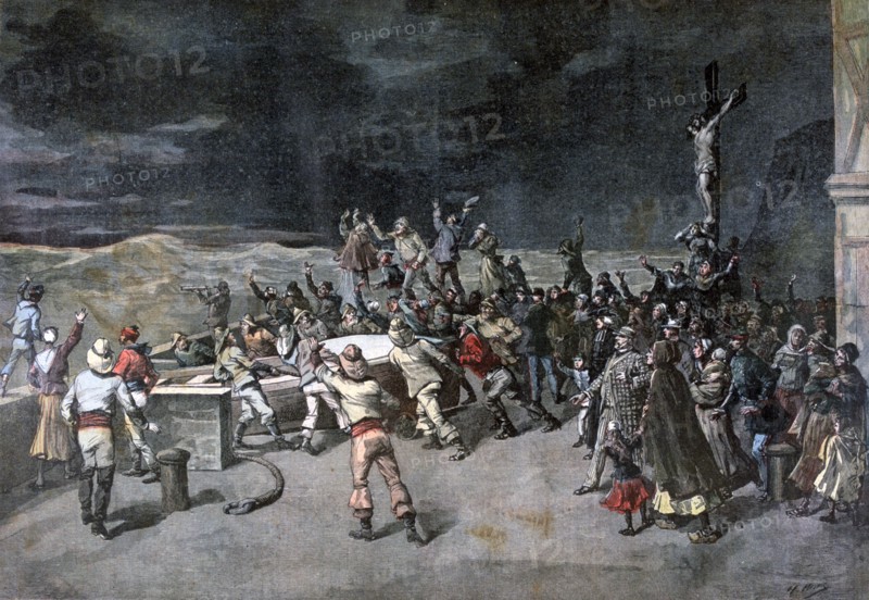 Scene seven, the rescue, from the play "Maitre D'Armes", Port of Saint-Martin, 1892. Creator: Henri Meyer.