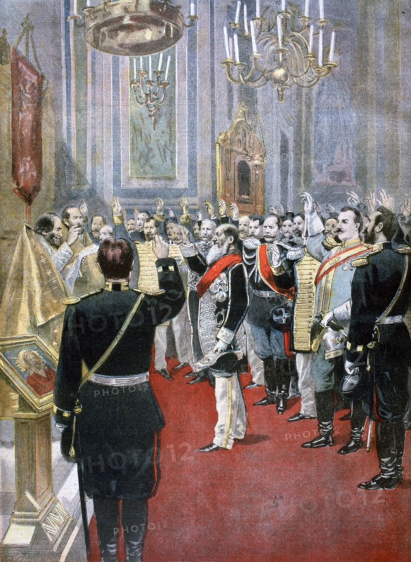 Swearing the oath of allegiance to Tsar Nicholas II, Russian church in Paris, 1894. Creator: F Meaulle.