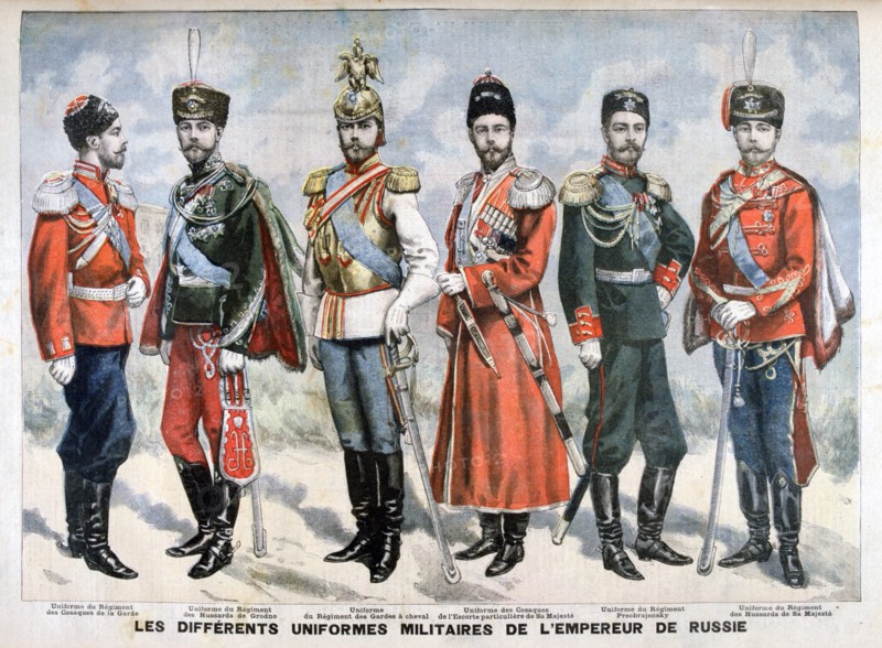 Different Russian military uniforms of the Emperor, 1896. Artist: Unknown