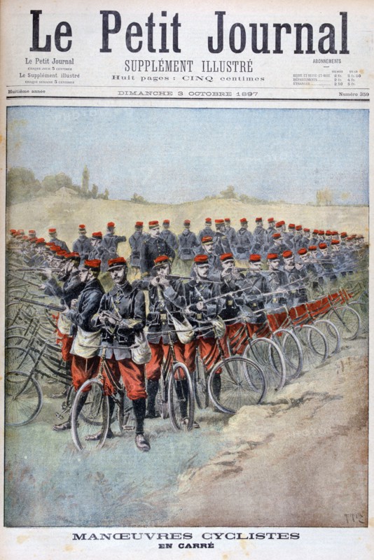 French Army bicycle corps in a square on manoeuvres, France, 1897. Artist: Henri Meyer