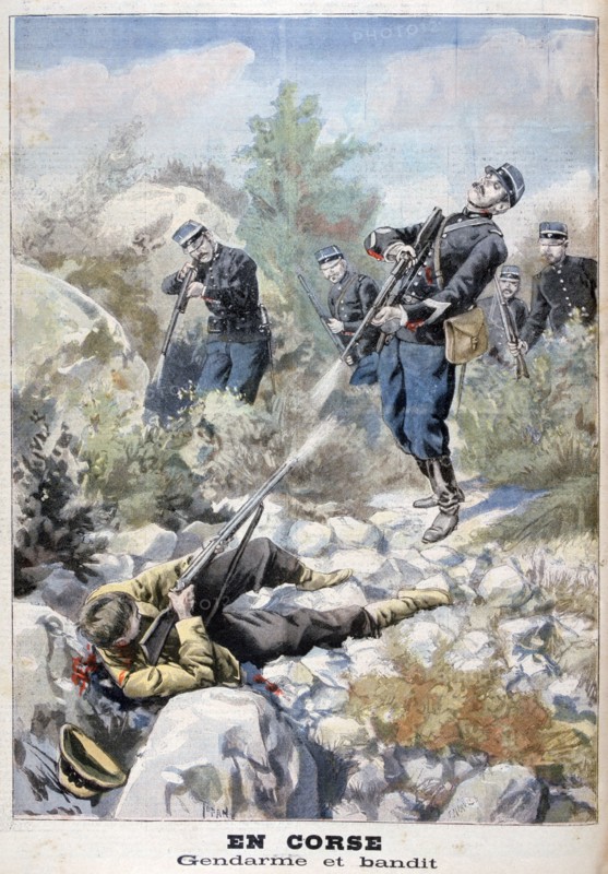 A gun battle between a bandit and the gendarmerie, Corsica, 1898. Creator: F Meaulle.