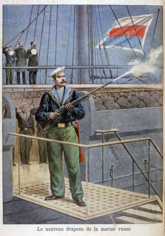 The new flag of the Russian navy, 1898. Artist: Henri Meyer