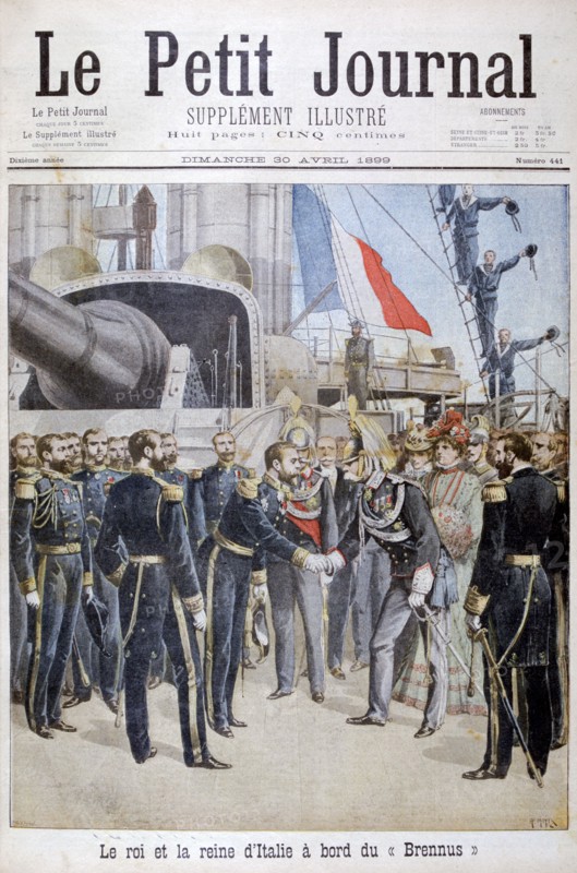 The king the queen of Italy on board the French battleship 'Brennus', 1899. Artist: Henri Meyer