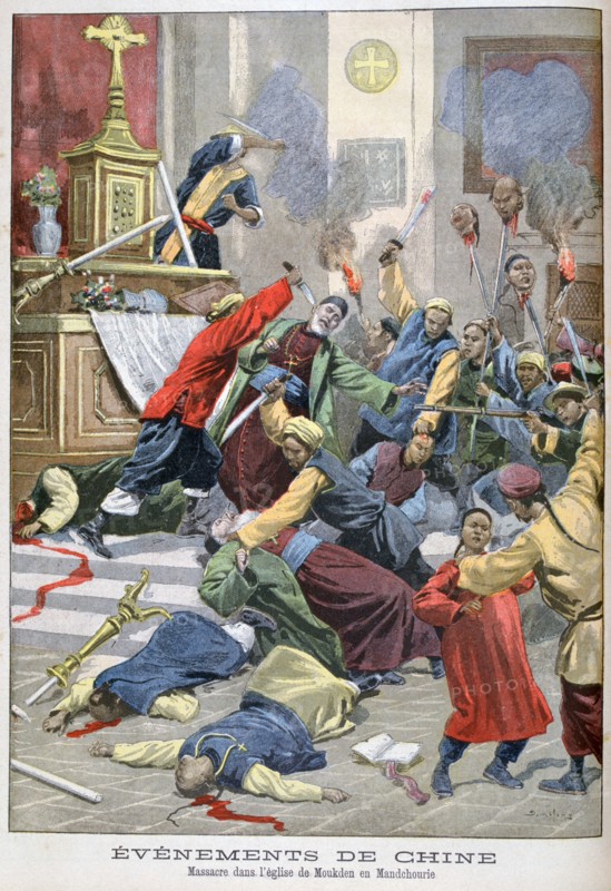 Massacre in the church of Moukden, Mandchourie, China, 1900. Artist: Eugene Damblans