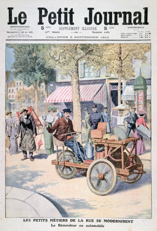 The Modernisation of the Street Traders: the Knife-Grinder's Car, 1911. Artist: Unknown