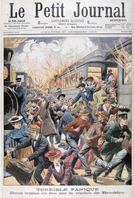 Two trains on fire on the Brooklyn Bridge, 1903. Artist: Unknown
