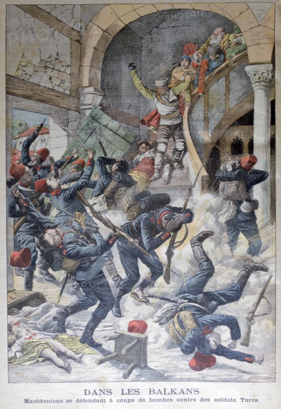 In the Balkans: Macedonians defending themselves with bombs against Turkish Soldiers, 1903. Artist: Unknown