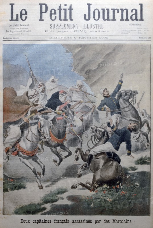 Two French army captains attacked and killed by Morrocans, Morocco, 1902. Artist: Unknown