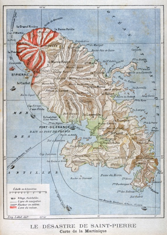 Map showing the eruption of Mount Pelee, Martinique, 1902. Artist: Unknown